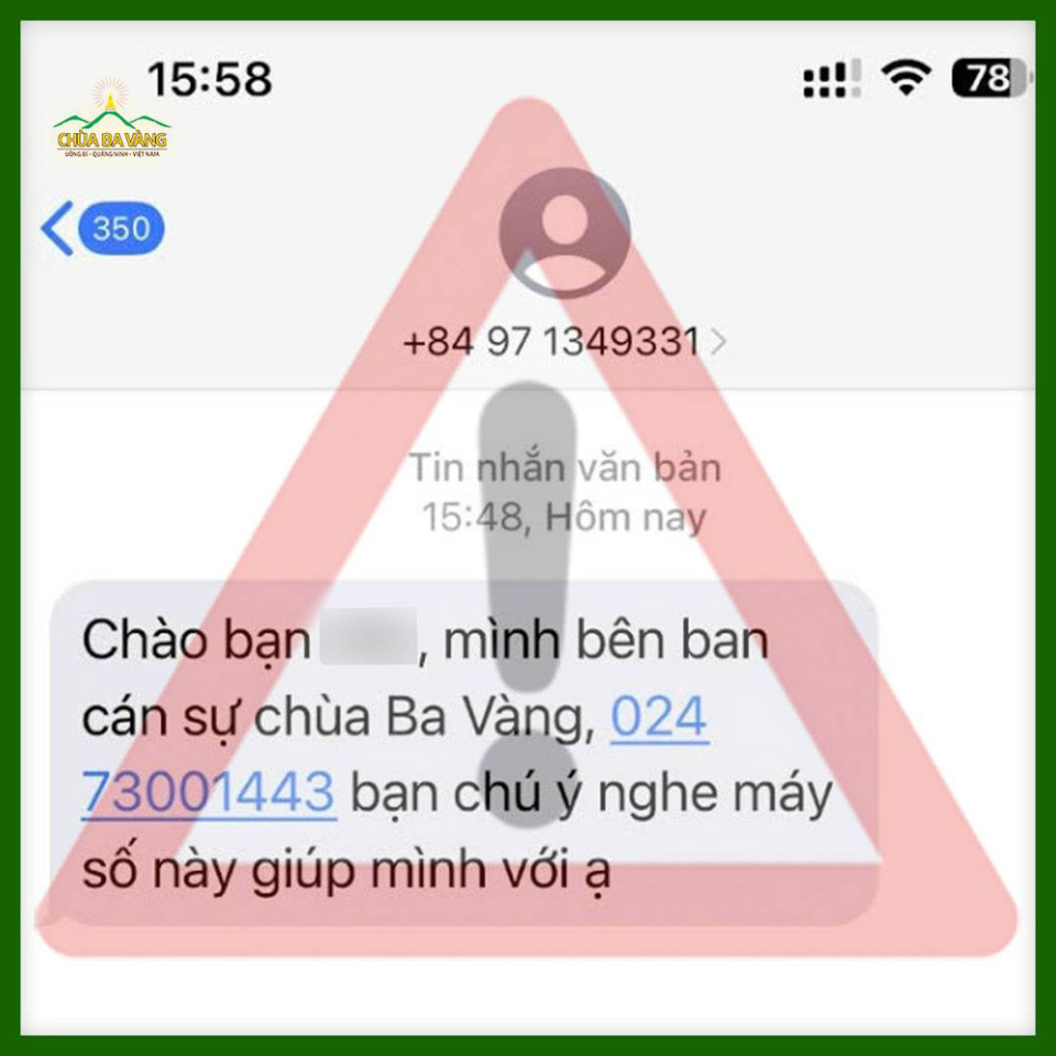 Số điện thoại lạ tự nhận là Ban cán sự của chùa Ba Vàng không thuộc quyền quản lý và không liên quan đến nhà chùa. Số điện thoại chính thức của chùa là: 0203 655 7799 / 0962 368 620
