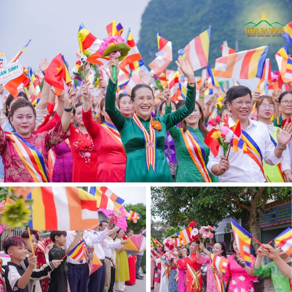 Con người, cảnh vật, cờ hoa như cùng reo vui trước sự kiện mừng ngày Bụt sinh