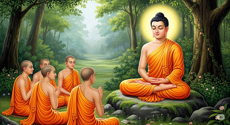 Đức Phật thuyết chân lý Tứ diệu đế trong lần đầu chuyển bánh xe Pháp (Ảnh minh họa)