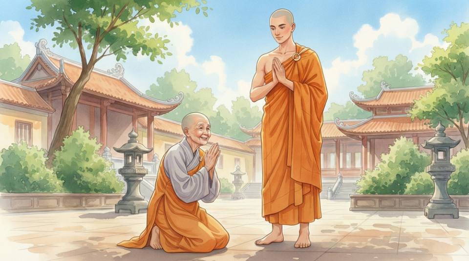 Tỳ-kheo Ni dù đã thọ giới Cụ túc lâu đến một trăm năm, vẫn phải khiêm cung cúi đầu làm lễ, cung kính chắp tay thưa hỏi Tỳ-kheo mới thọ giới Cụ túc (Ảnh minh họa)
