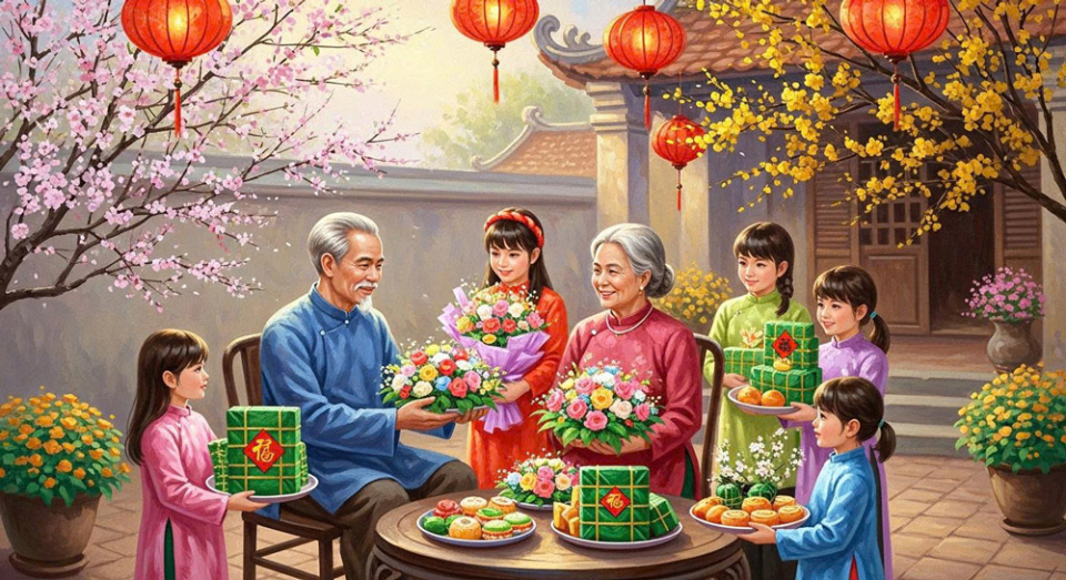 Vào dịp Tết, con cháu thường quây quần về chúc thọ ông bà, cha mẹ (Ảnh minh họa)
