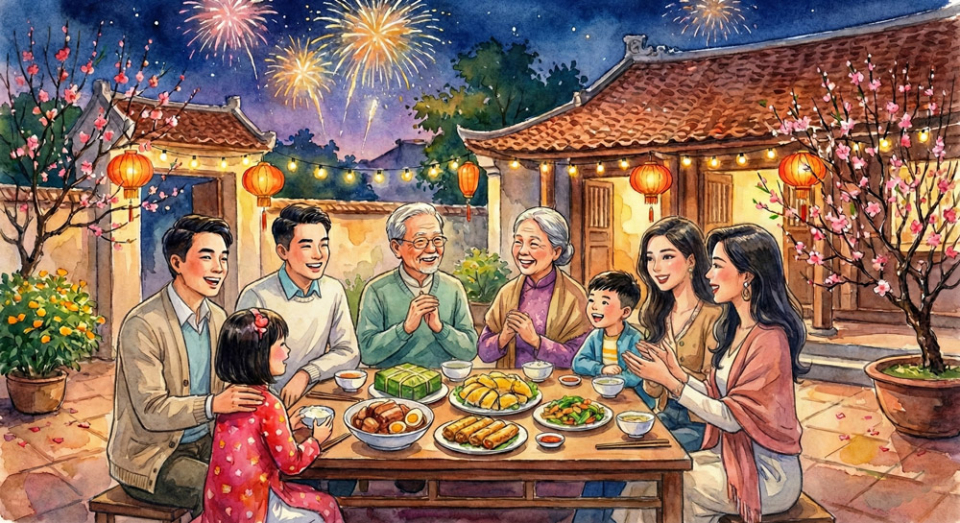 Các thành viên trong gia đình quây quần bên nhau đón giao thừa (Ảnh minh họa)