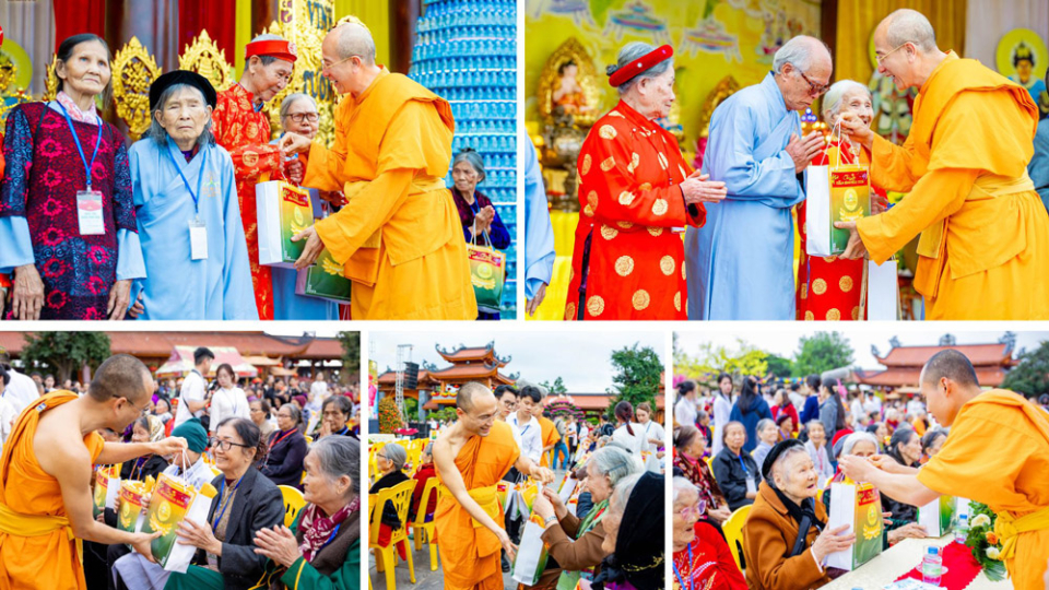 Thầy Thích Trúc Thái Minh cùng chư Tăng chùa Ba Vàng trao quà động viên tinh thần các Phật tử lớn tuổi và cha mẹ của Phật tử