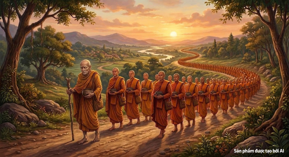 Tôn giả Ma Ha Ca Diếp cùng 500 Tỳ-kheo đi bộ trở về thành Câu Thi Na khi biết tin Đức Thế Tôn nhập Niết bàn (ảnh minh họa)