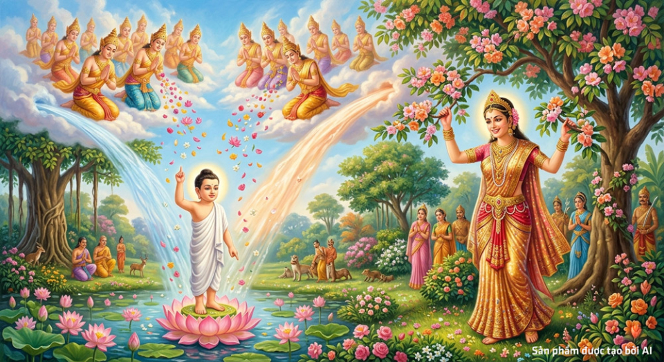 Ta quán tưởng mình theo bước chư Thiên rải hoa, cúng dường nước tắm thân Đức Phật khi Ngài đản sinh (ảnh minh họa)