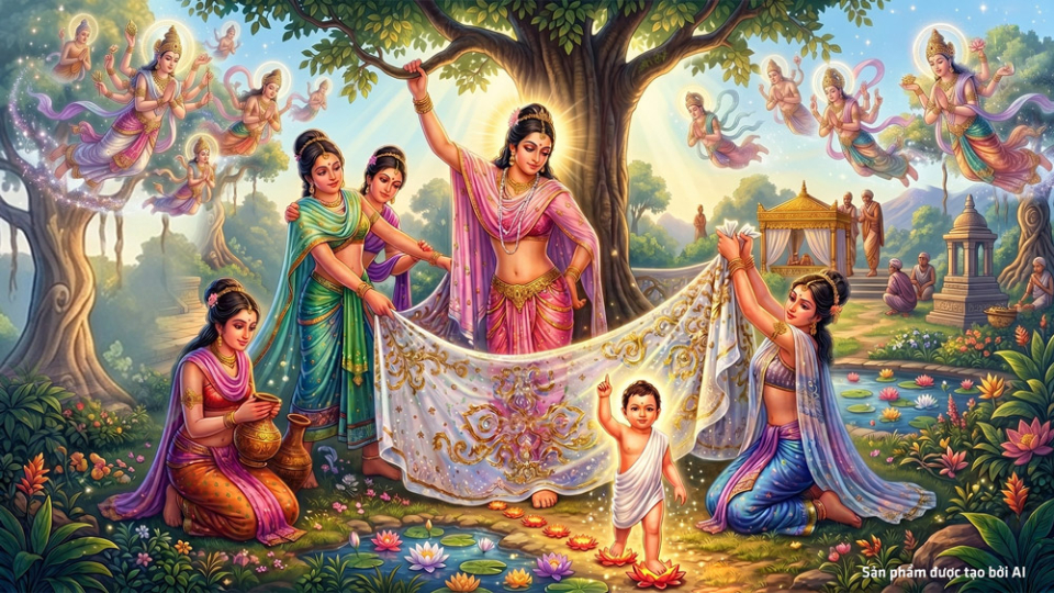 Chư Thiên từ trên cung trời rải hoa đón mừng Thái tử Tất Đạt Đa đản sinh (ảnh minh họa)