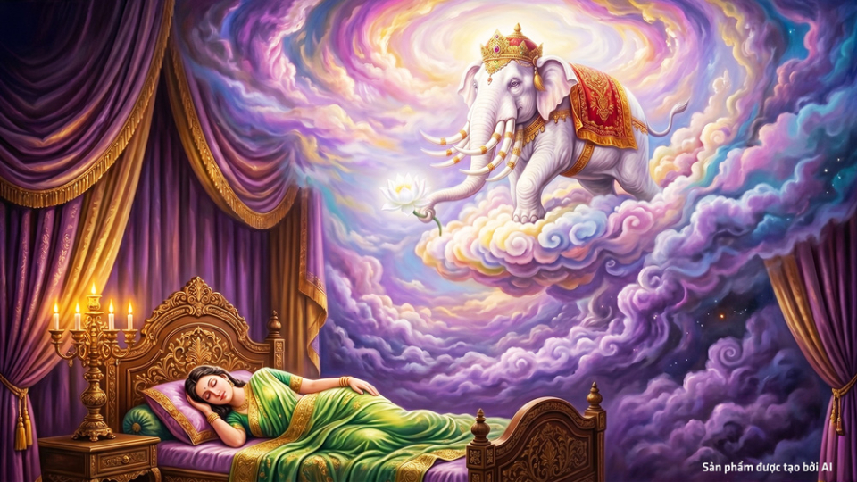 Hoàng hậu Ma Da nằm mộng thấy voi trắng sáu ngà, vòi quấn hoa sen chui qua hông phải vào bụng bà (ảnh minh họa)