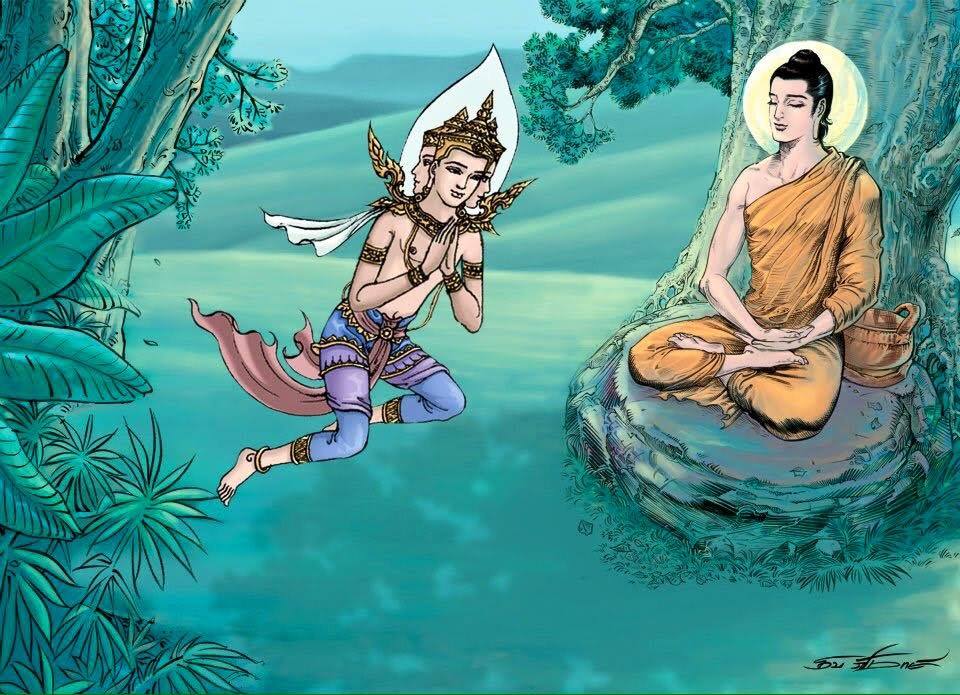 Vị Phạm Thiên Sahampati thỉnh Đức Phật thuyết Pháp độ chúng sinh khi Đức Phật thành đạo