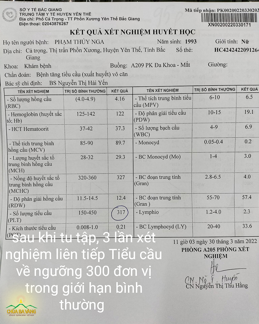 Kết quả xét nghiệm tiểu cầu sau khi tu tập của Phật tử Phạm Thúy Nga (ảnh do Phật tử cung cấp)