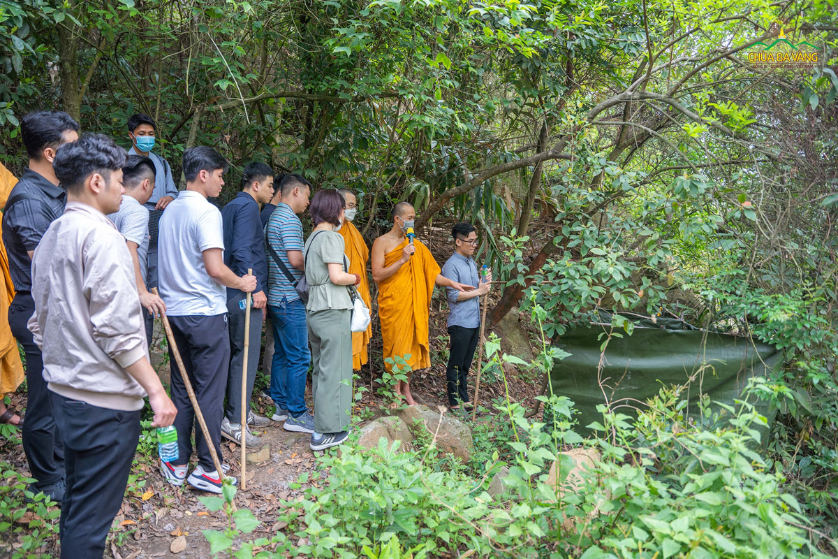 Tham quan rừng thiền, các thành viên trong đoàn hiểu thêm về đời sống tu tập của chư Tăng chùa Ba Vàng