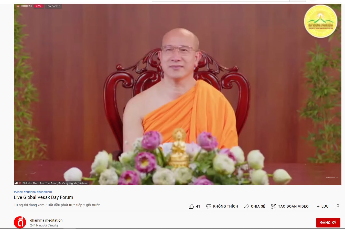Thầy Thích Trúc Thái Minh là khách mời tham dự chương trình Live Global Vesak Day Forum - Diễn đàn Vesak toàn cầu của chùa Dhammakaya - Thái Lan