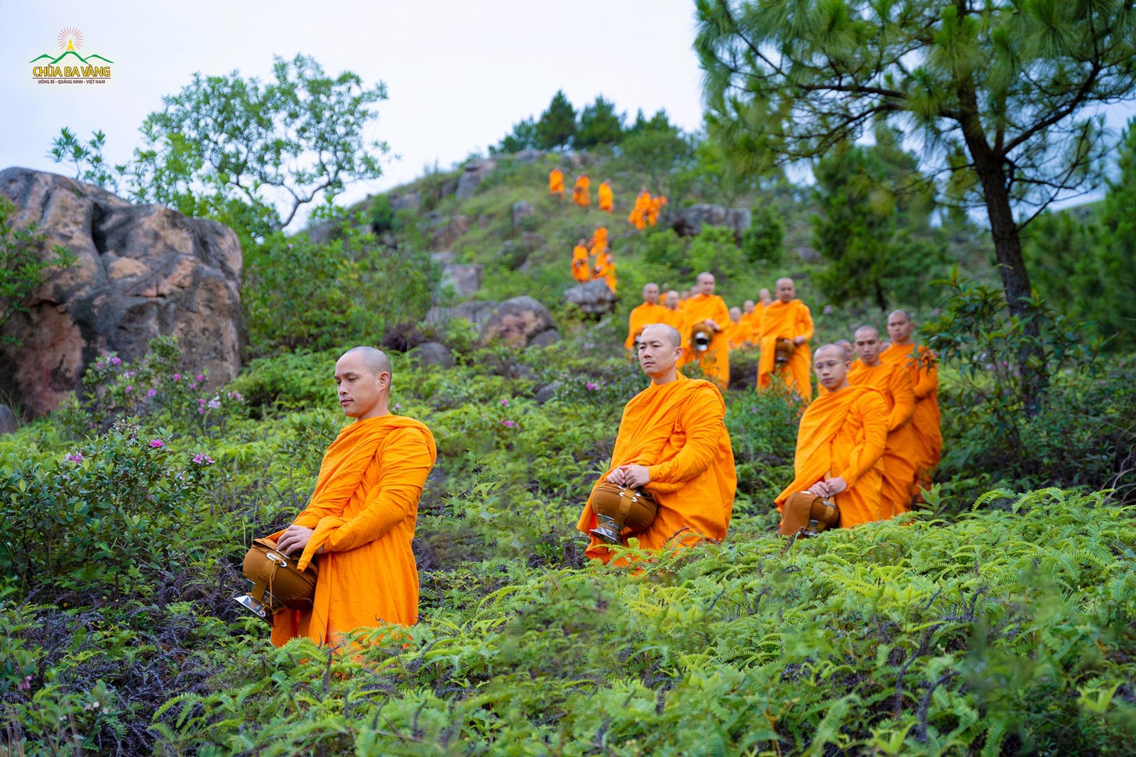 Từ đỉnh núi cao, chư Tăng kinh hành xuống núi Bồ đề để thọ nhận sự cúng dường của Phật tử