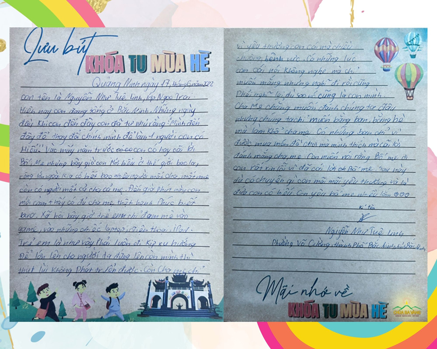 Lời chia sẻ của khóa sinh Nguyễn Như Tuệ Linh - lớp Ngọc Trai gửi đến bố mẹ