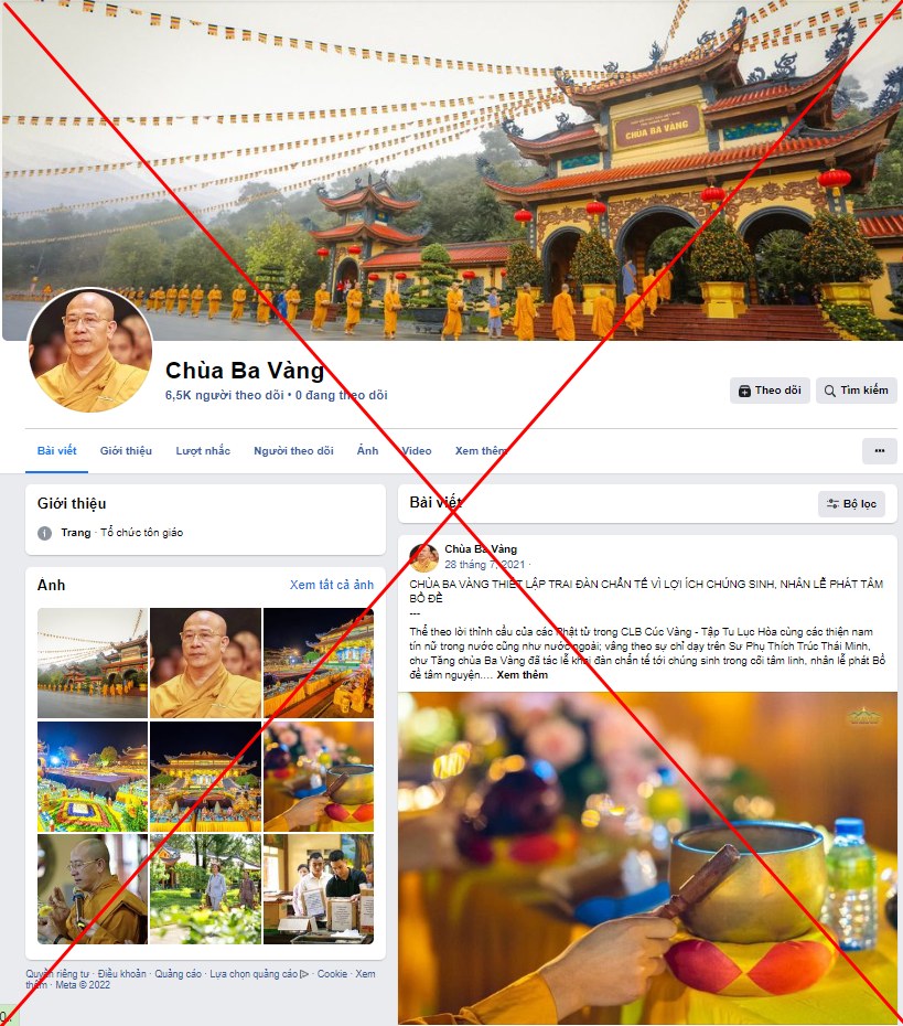 Fanpage chùa Ba Vàng không đúng