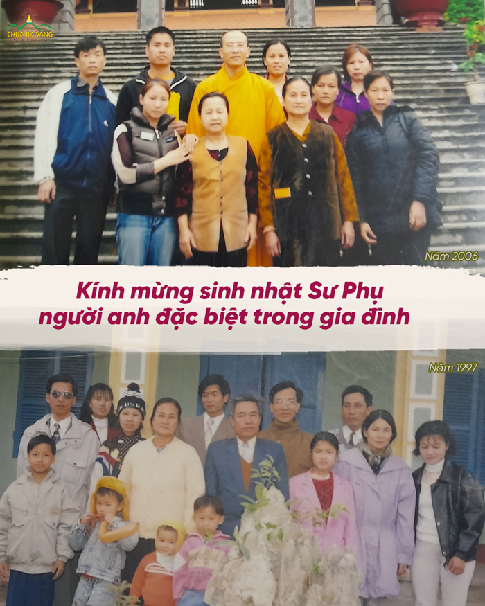 Hình ảnh Sư Phụ Thích Trúc Thái Minh chụp cùng gia đình khi chưa xuất gia năm 1997 và sau khi xuất gia năm 2006