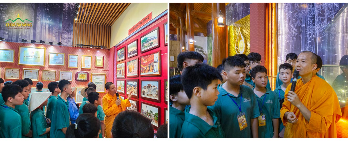 Các bạn khóa sinh chăm chú nghe chư Tăng chia sẻ về quá trình xây dựng chùa Ba Vàng của Thầy trụ trì