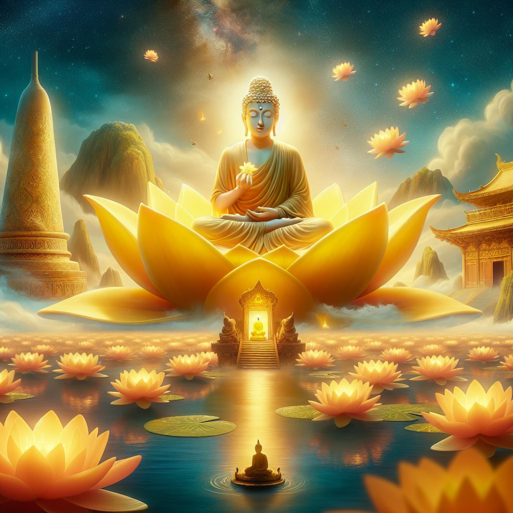 Đức Phật xuất hiện trên một bông hoa sen vàng lớn trong giấc mơ của vua Trần Nhân Tông (Ảnh minh họa)