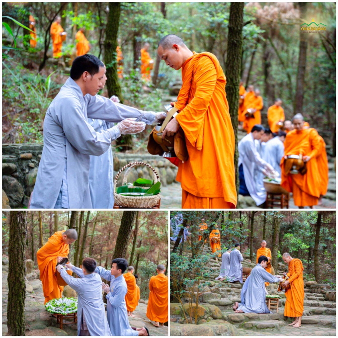 Phật tử đặt bát cúng dường lên chư Tăng trì bình khất thực