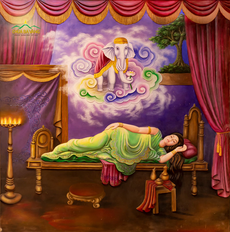 Hoàng hậu Maya nằm mộng thấy một con voi trắng sáu ngà ngậm cành hoa sen từ trên trời bay xuống chui qua hông bên phải vào bụng bà