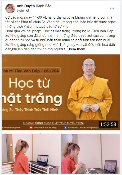 Chia sẻ của Phật tử Ánh Duyên (Pháp danh Hạnh Bảo) trên trang Facebook cá nhân
