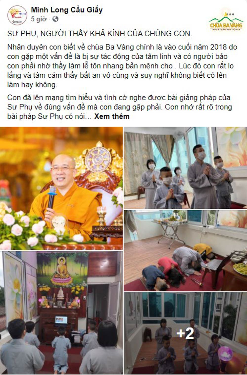 Bài viết tri ân của gia đình Phật tử được đăng tải trên trang Fanpage Minh Long Cúc Vàng