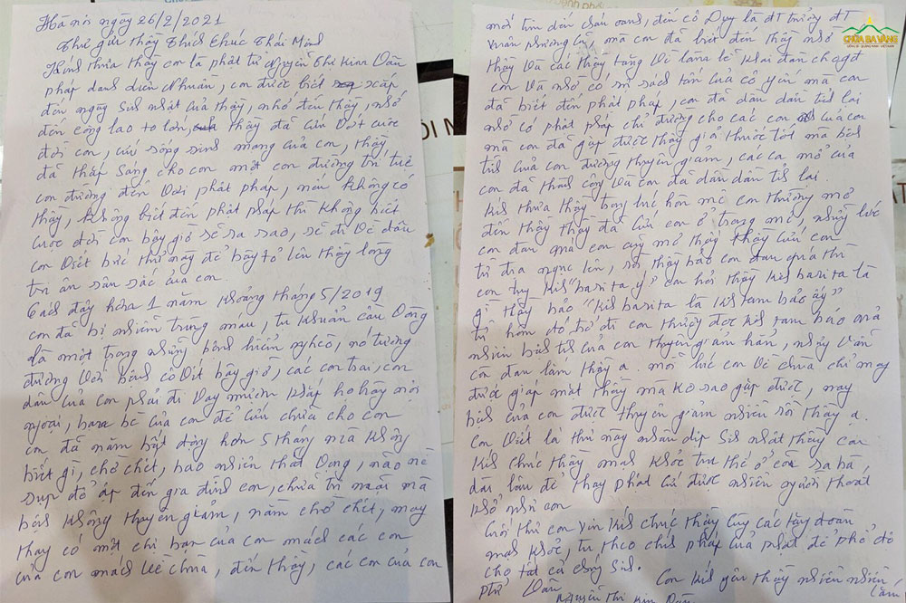 Bức thư do chính tay Phật tử Nguyễn Thị Kim Vân viết, thể hiện cảm xúc tri ân đối với Sư Phụ Thích Trúc Thái Minh