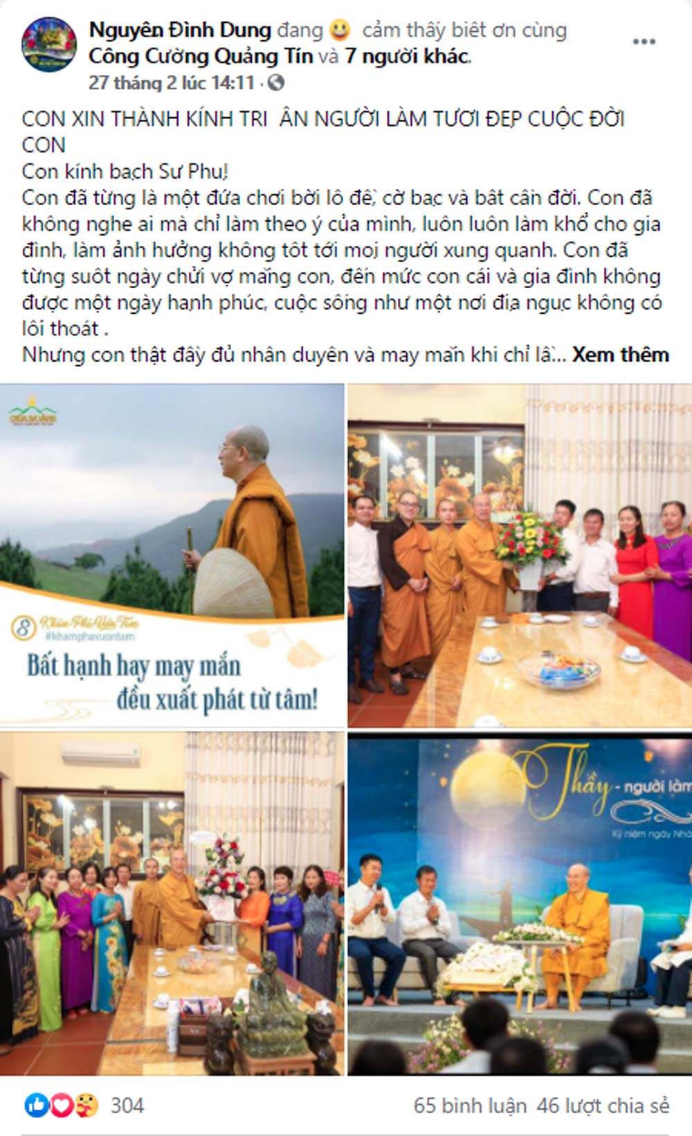 Nhân dịp sắp tới sinh nhật Sư Phụ 03/03, Phật tử Nguyễn Đình Dung đã viết lên những dòng tri ân sâu sắc kính dâng Sư Phụ và đăng tải trên trang Facebook cá nhân