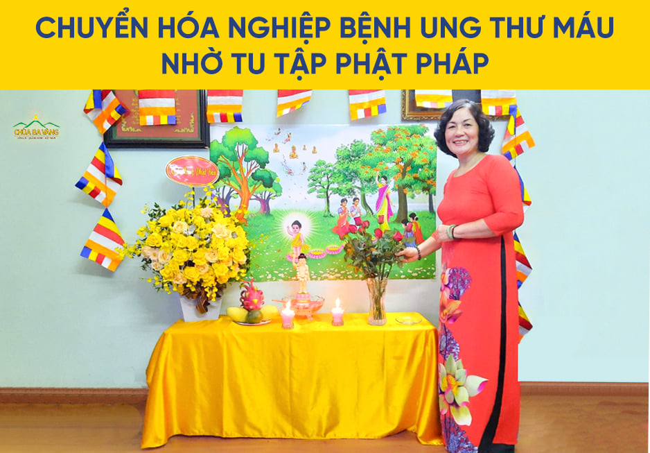 Hình ảnh hạnh phúc của cô Mỵ trong ngày tổ chức Phật đản 2021 tại nhà