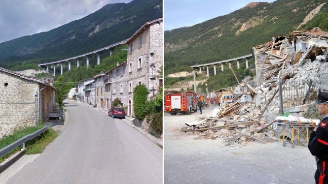 Nhà cửa trên một đoạn đường ở Pescara del Tronto (nước Ý) dường như chỉ còn lại đống đổ nát sau động đất