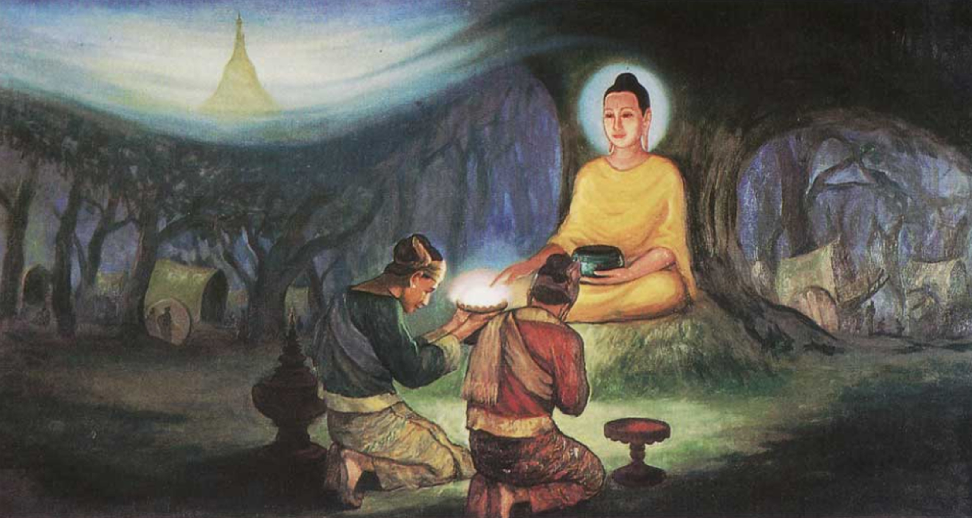 Hai thương gia được chư Thiên mách bảo, sắm sửa vật thực cúng dường lên Đức Phật Thích Ca (hình minh họa)