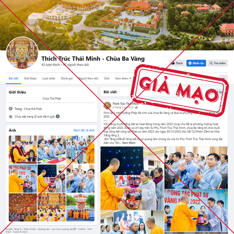 Trang Facebook gіả мạо Thầy Thích Trúc Thái Minh với số lượt thích và theo dõi thấp.