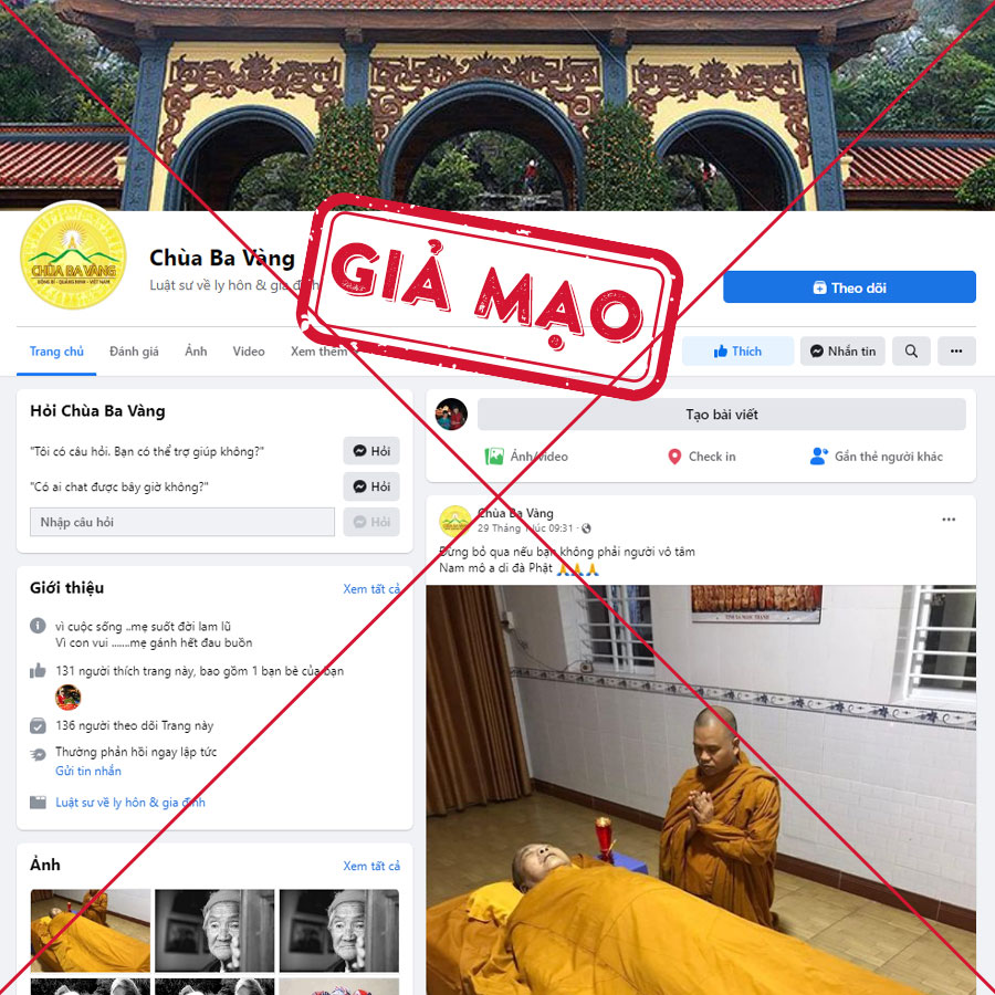 Trong ảnh là trang Facebook gіả мạо chùa Ba Vàng với số lượt thích và theo dõi trang rất ít (hơn 100).