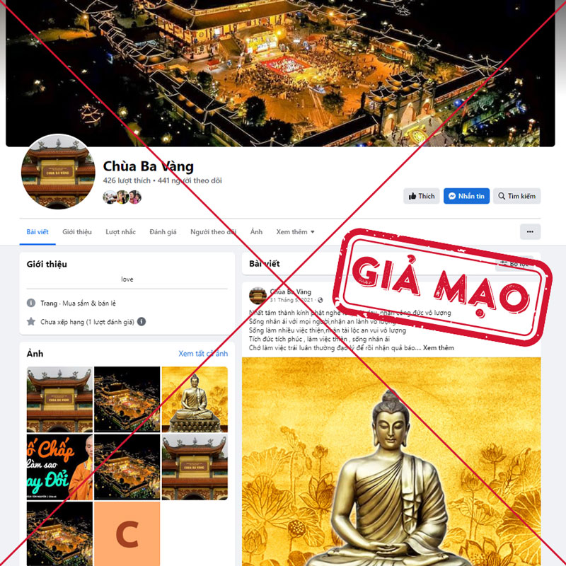 Trong ảnh là trang Facebook gіả мạо chùa Ba Vàng, với số lượt thích trang và theo dõi rất thấp. Trang này đăng các nội dung không đúng với giáo lý đạo Phật, không có thật tại chùa Ba Vàng, nhằm mục đích nhiễu loạn thông tin. Xin quý vị hãy cẩn trọng trước thông tin từ đây.