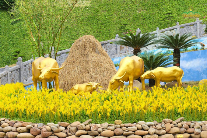 Trong khuôn viên của chùa, tiểu cảnh với hình ảnh những chú trâu trên đồng lúa và lũy tre làng được dựng lên để chào mừng xuân Tân Sửu